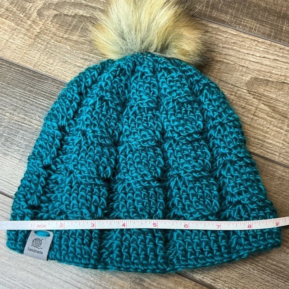 Cable Knit Crochet Beanie Hat Handcrafted With Faux Fur Pom Handmade Teal